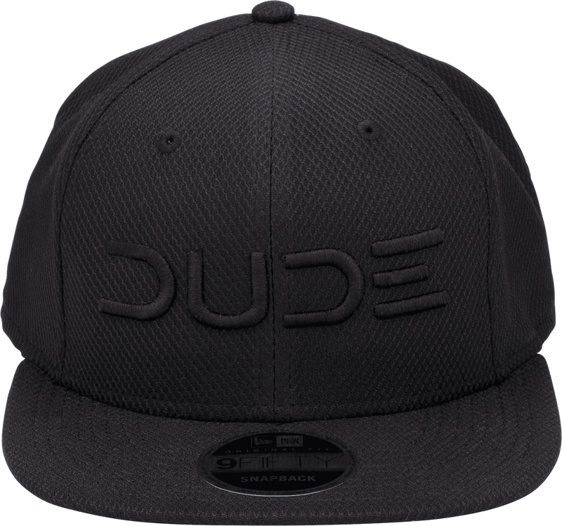 Front view fo the Black On Black, Mesh Snapback with DUDE Logo
